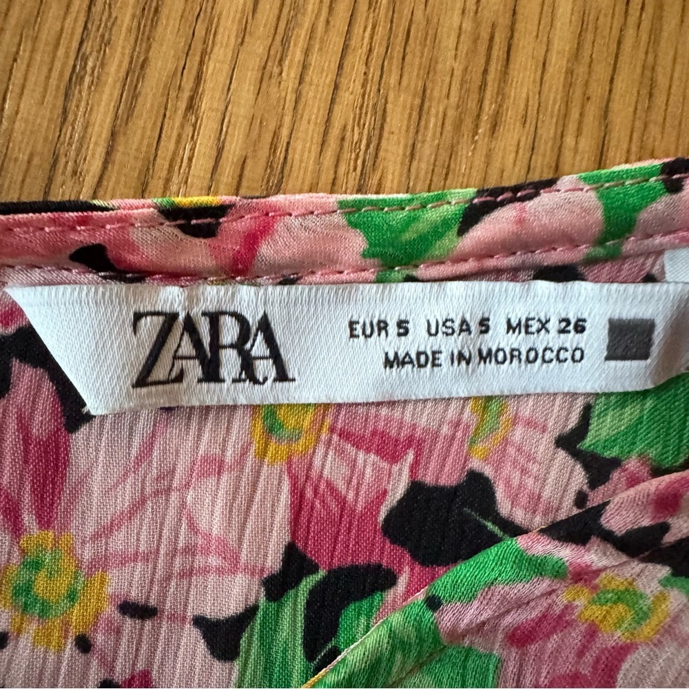 Zara Small Pink Floral Print Bodycon Ruched Mini Dress Tie Waist - Picture 5 of 8